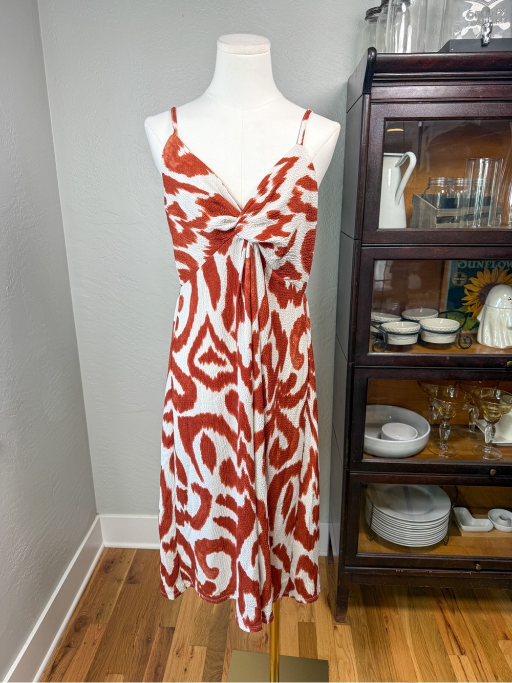 H&M Orange White Animal Print Knot Front Midi Sundress Size M